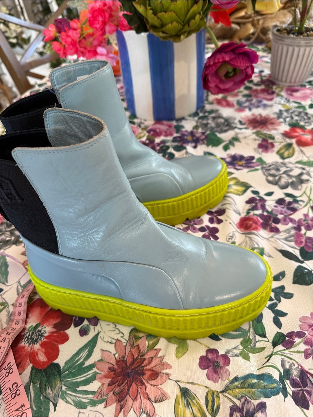 PUMA Light Blue Leather Platform Chelsea Boots with Neon Yellow Sole - Picture 4 of 5